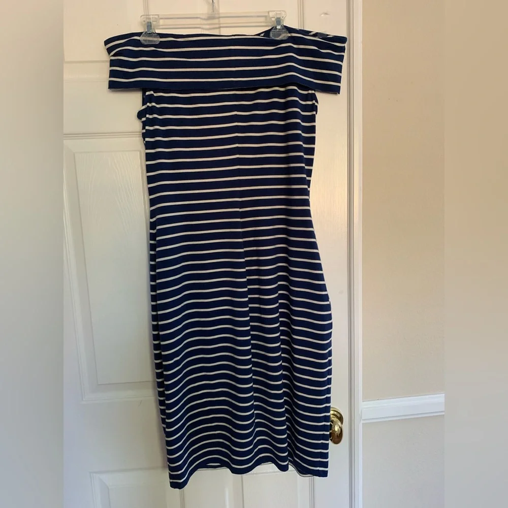 NWT Ralph Lauren Midi Dress Blue w/White Stripes Cold Shoulder Stretch Cotton 14 - Picture 2 of 11